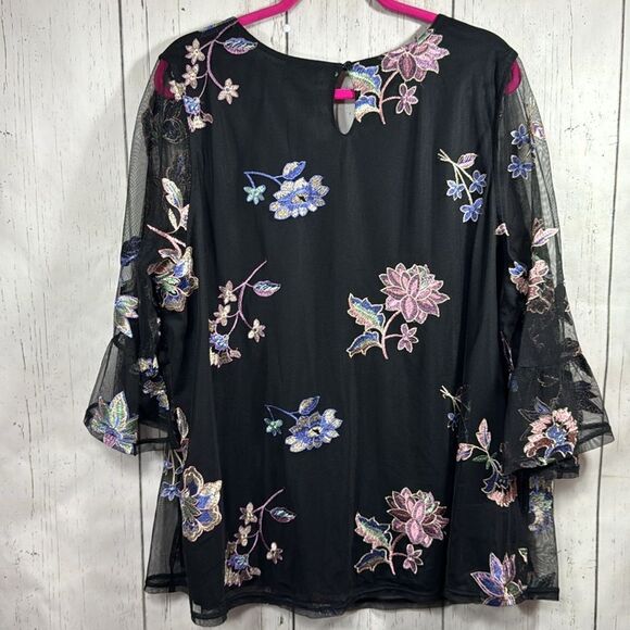 Catherines Black Floral Embroidered Mesh Blouse Womens 4X Elegant Boho Romantic - Picture 12 of 16